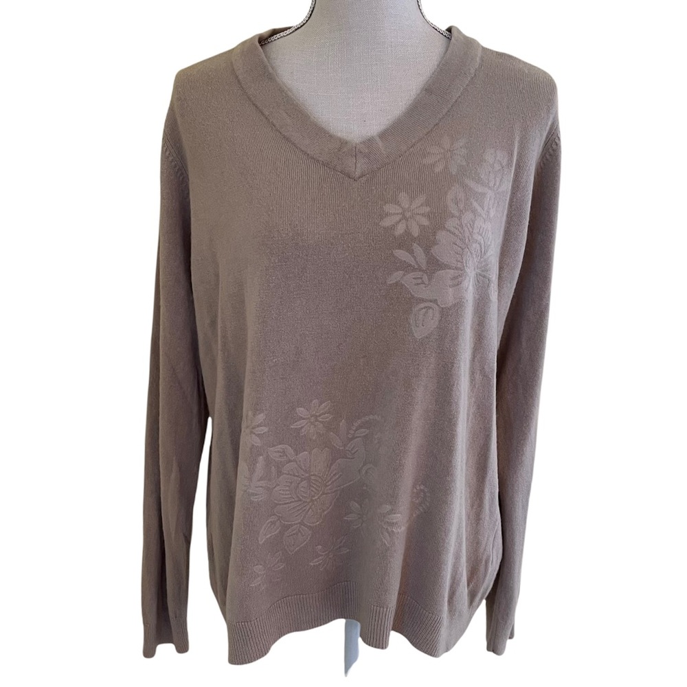 Eddie Bauer V-Neck Sweater with Tone on Tone Floral Detail M